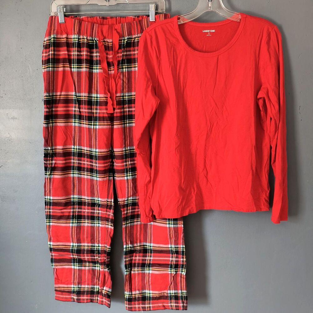 Lands’ End Pajama Set Womens M (10-12) Red Plaid Cotton Flannel Cozy PJs Lounge
